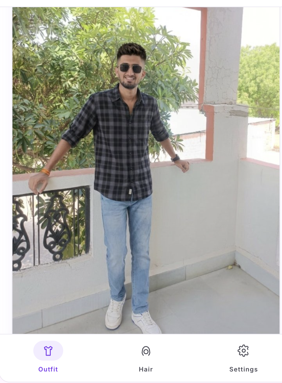 The composed try-on — the user wearing the checked shirt, jeans, sunglasses, and the new haircut